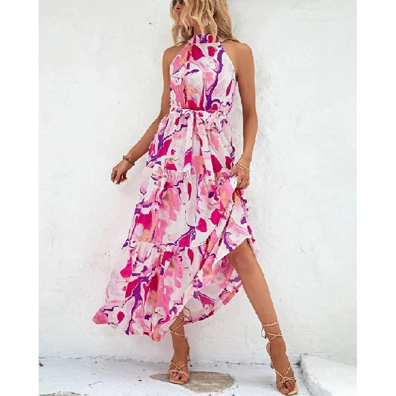 Bohemian Sleeveless Ruffle Print Off-Shoulder Dress Wholesale Dresses