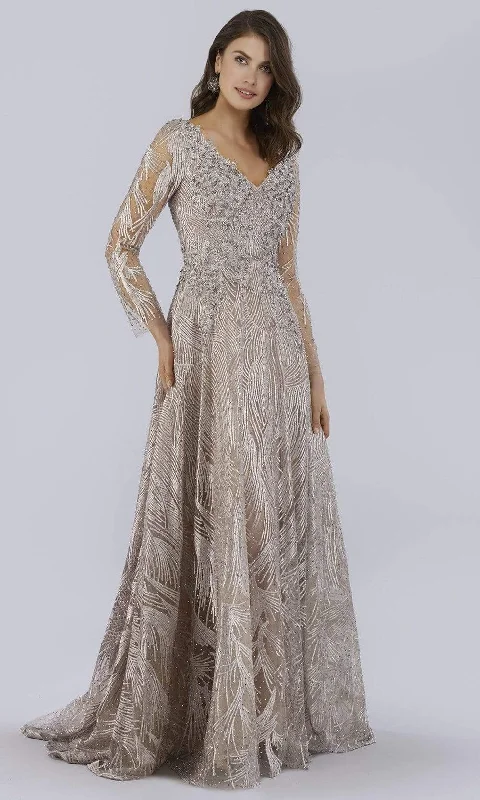 Lara Dresses - 29753 V Neck Long Sleeves Beaded Embroidered Gown