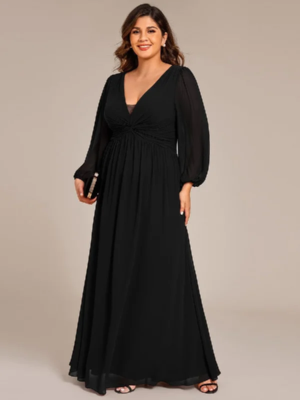 Ruth | Plus Size A-Line Pleated Long Lantern Sleeves Chiffon Formal Evening Dress