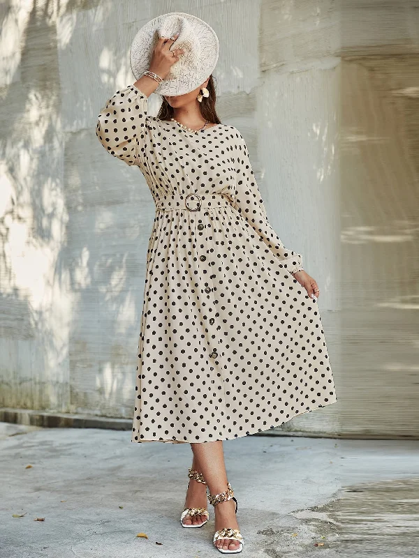 Elegant Polka Dot Belted Long Sleeve Round Neck Flared High Waist Long Plus Size Dress