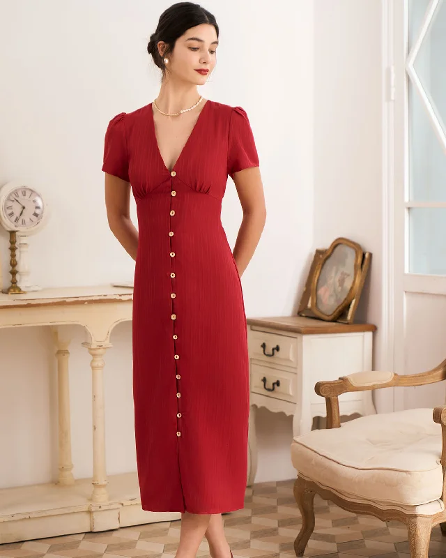 The Red V Neck Shirred Puff Sleeve Midi Dress Practical Women's Multi - 