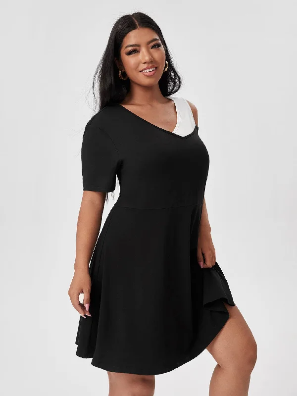 Casual Colorblock Cut Out Short Sleeve V Neck Flared High Waist Short Plus Size Dress Practical Women's Multi - Casual Colorblock Cut Out Short Sleeve V Neck Flared High Waist Short Plus Size Dress Practical Women's Multi -