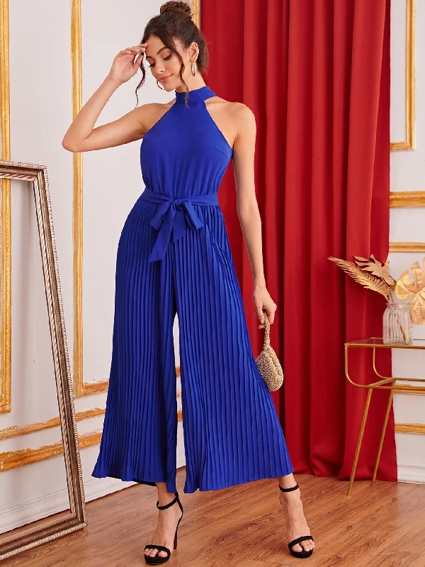 Elegant Plain Tie Back Sleeveless Halter High Waist Long Women Jumpsuit