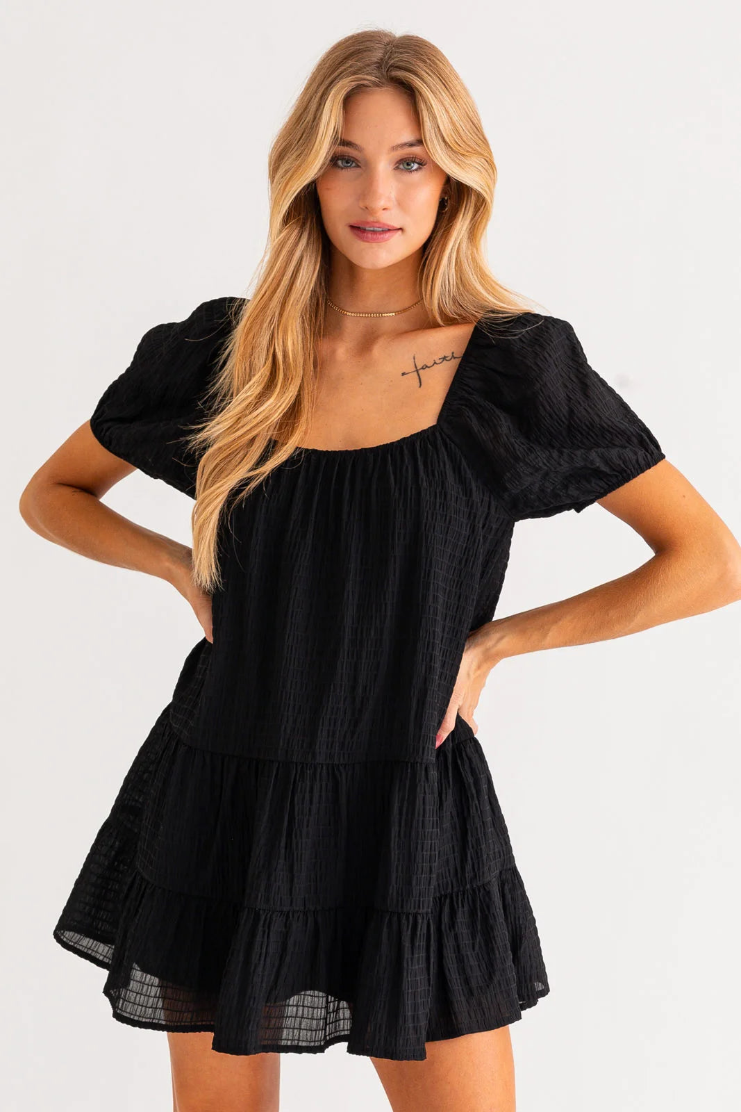 Short Puff Sleeve Tiered Mini Dress