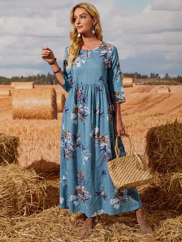 Floral Button Three Quarter Length Sleeve Keyhole Neckline Flared High Waist Maxi Dress