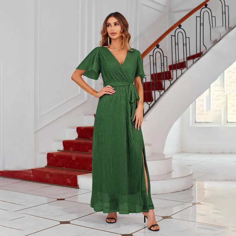 Women Split MAXI Dress Short Sleeve V neck Belted N3823100900001