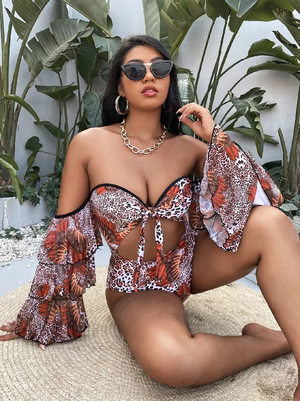 Sexy Animal Tiered Layer Off The Shoulder Plus Size One-Pieces