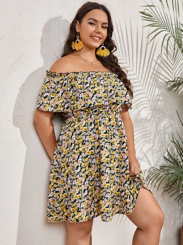 Boho All Over Print Ruffle Short Sleeve Off The Shoulder Flared High Waist Short Plus Size Dress Polished Women's Silk