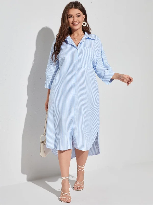 Casual Striped Button Front Long Sleeve Collar Asymmetrical Natural Midi Plus Size Dress