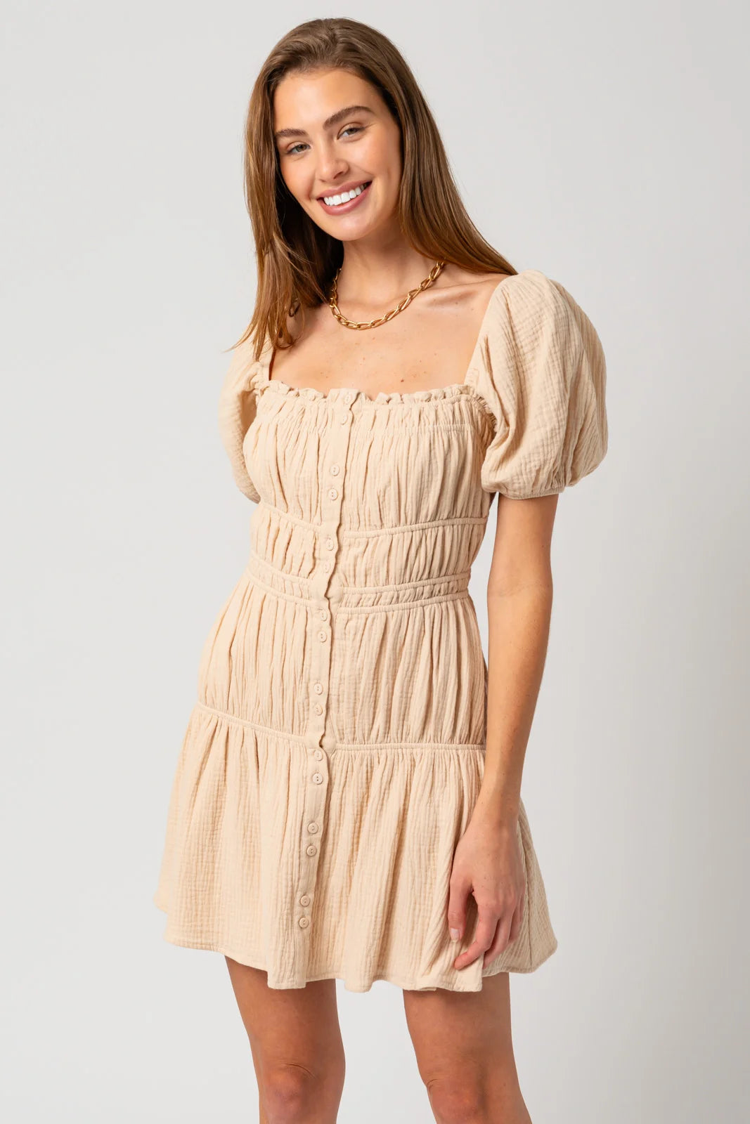 Puff Short Sleeve Shirring Mini Dress