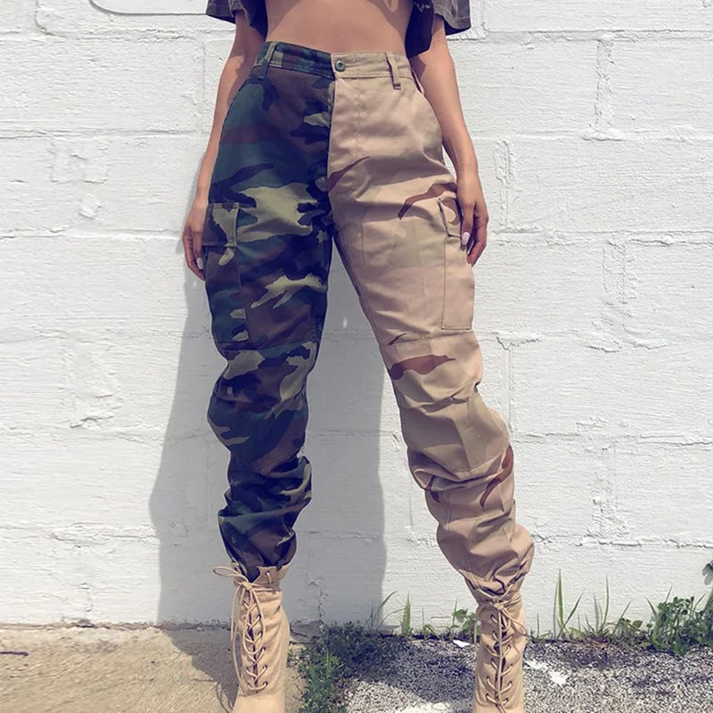 New High-Waisted Breathable Camo Patchwork Jogger Pants Women Army Color Pockets Baggy Cargo Pants