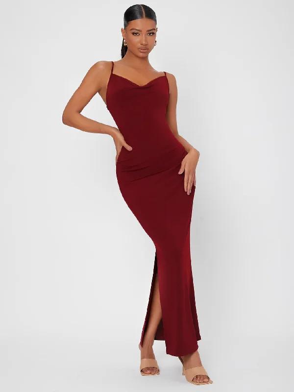 Sexy Plain Split Thigh Sleeveless Spaghetti Strap Slit Natural Maxi Dress