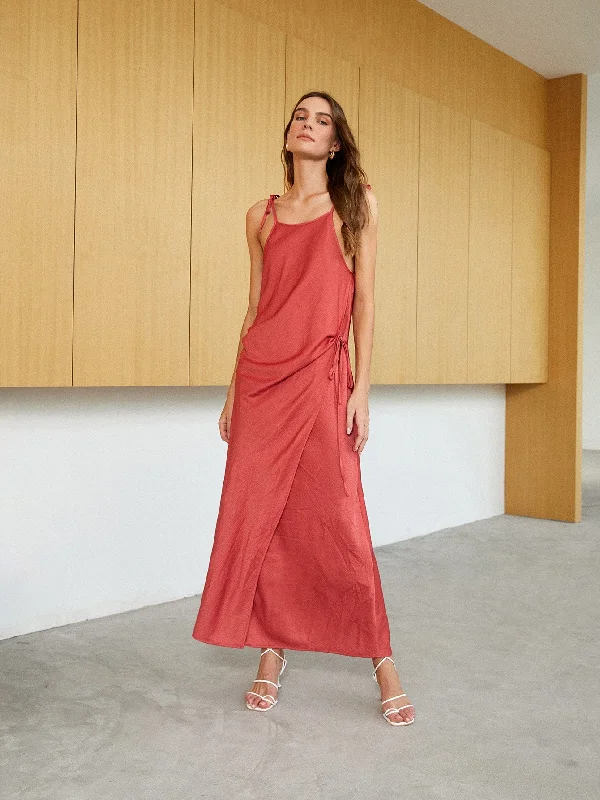 Casual Plain Knot Sleeveless Spaghetti Strap Wrap Natural Maxi Dress