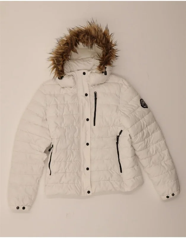 SUPERDRY Womens Hooded Padded Jacket UK 14 Medium  White Polyester