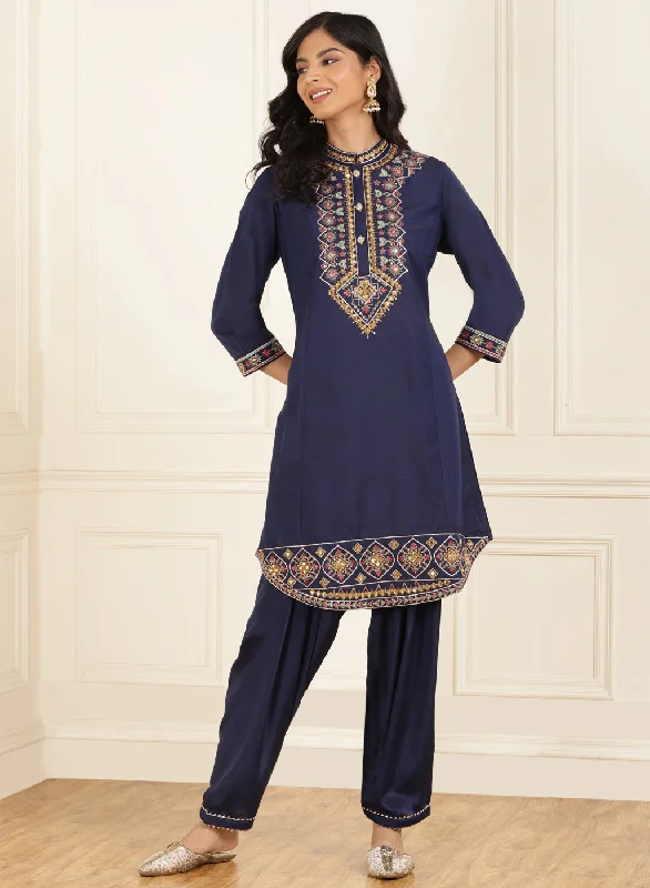 Navy Blue Embroidered Party Wear Kurta Set with Mirror Work