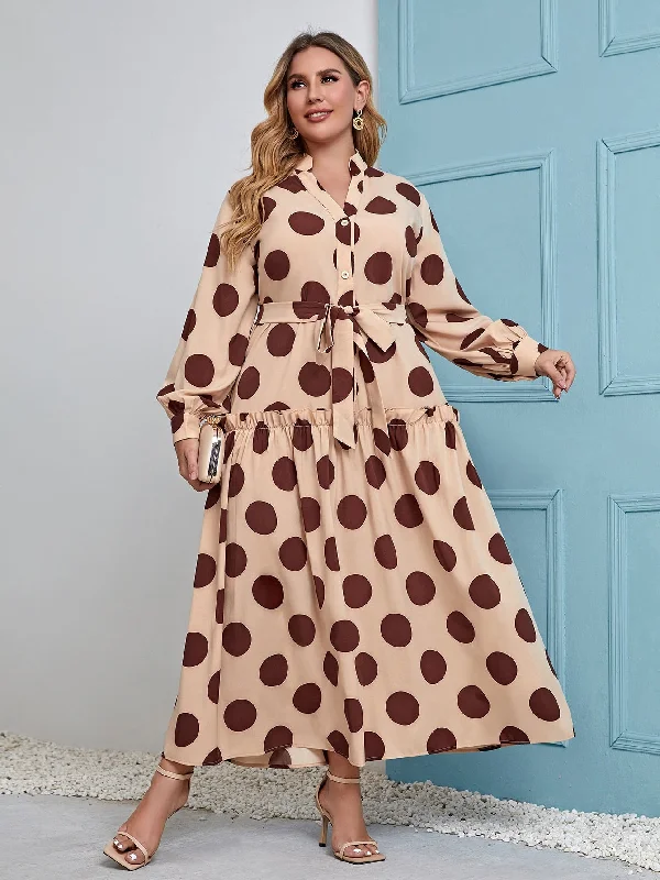 Modest Polka Dot Button Front Long Sleeve Collar Flounce High Waist Long Plus Size Dress