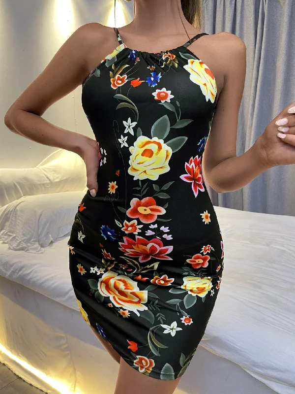 Floral Sleeveless Halter Pencil Natural Mini Dress