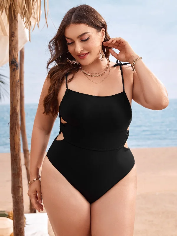 Casual Plain Cut Out Spaghetti Strap Plus Size One-Pieces