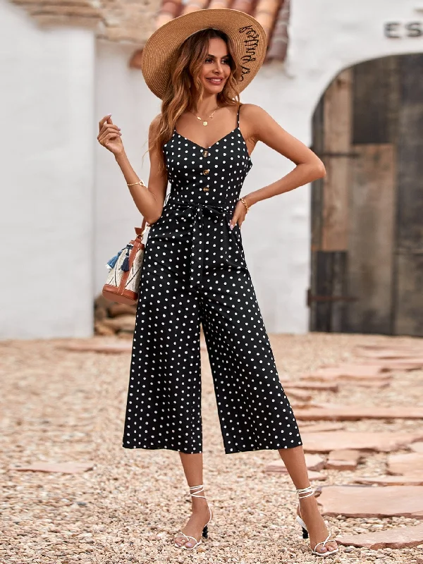 Casual Polka Dot Button Front Sleeveless Spaghetti Strap High Waist Capris Women Jumpsuit