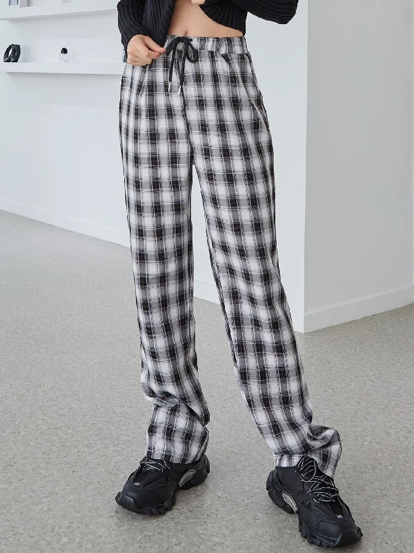 Preppy Tartan Pocket High Waist Long Women Pants