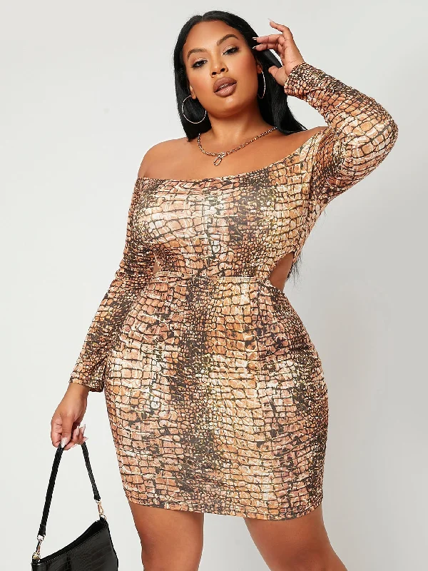 Sexy Crocodile Long Sleeve Off The Shoulder Pencil High Waist Short Plus Size Dress