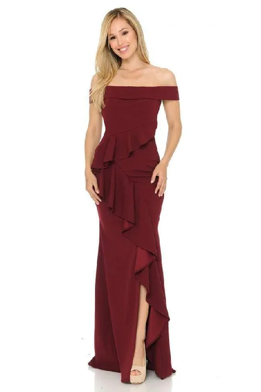 Lenovia - 5207 Off Shoulder Ruffle Drape Gown with Front Slit Luxurious Women's High -  end
