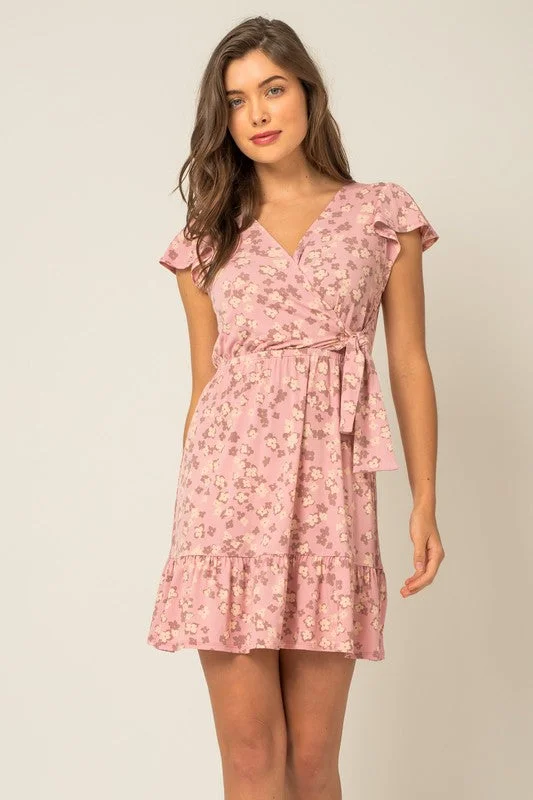 Short Ruffle Sleeve Wrap Shirring Floral Mini Dress