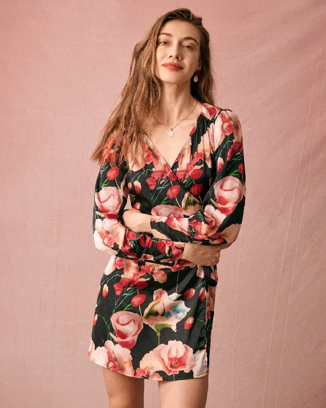 The V Neck Long Sleeve Floral Wrap Mini Dress