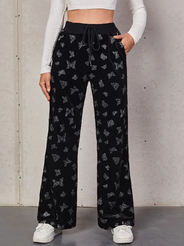 Casual All Over Print Pocket High Waist Long Women Pants