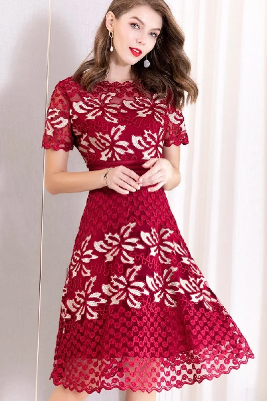 Color Contrast Floral Lace Dress Artistic Women's Hand - painted