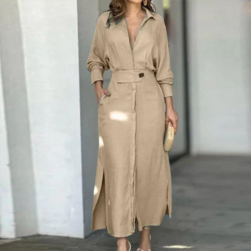 Fashion Solid Colour Long Sleeve Pocket Shirt Dress Wholesale Dresses