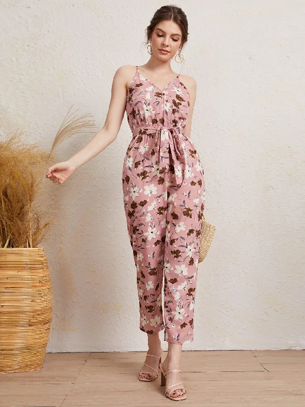 Boho All Over Print Wrap Sleeveless Spaghetti Strap High Waist Capris Women Jumpsuit