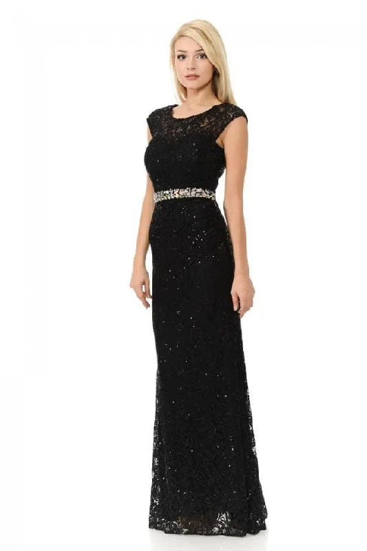 Lenovia - 5152 Sheer Sequin Lace Gown with Crystal Beaded Belt Elegant Women's 