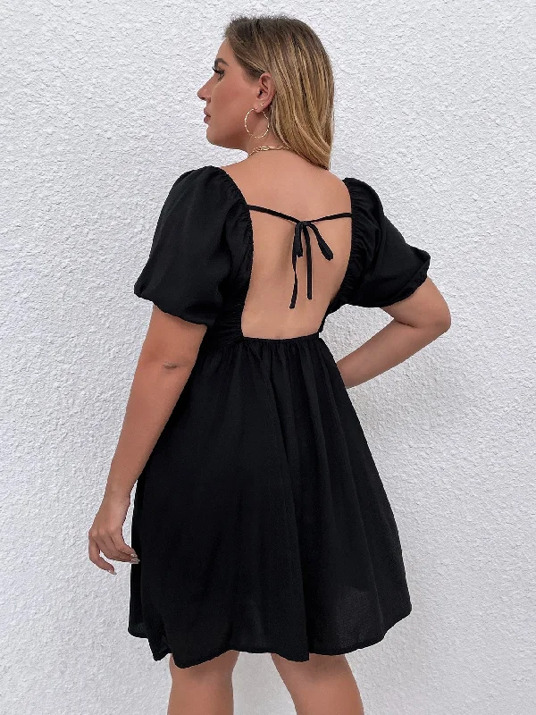 Casual Plain Backless Short Sleeve Square Neck Flared High Waist Knee Length Plus Size Dress Dapper Women's Bow - adorned Casual Plain Backless Short Sleeve Square Neck Flared High Waist Knee Length Plus Size Dress Dapper Women's Bow - adorned