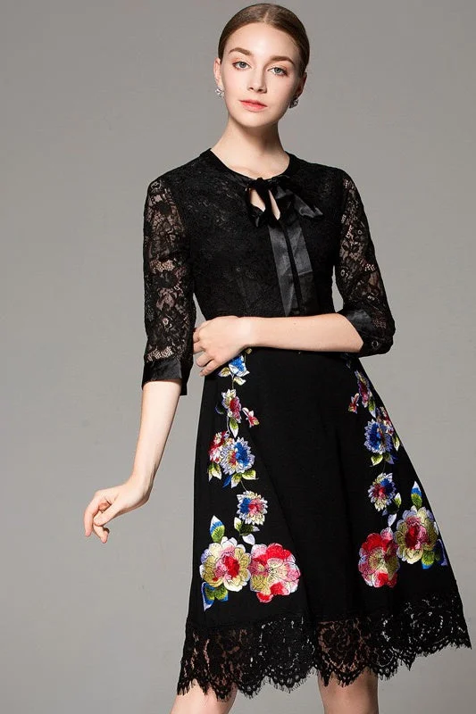 Lace Dress W/ Embroidery and Bow Tie Edgy Women's Punk
