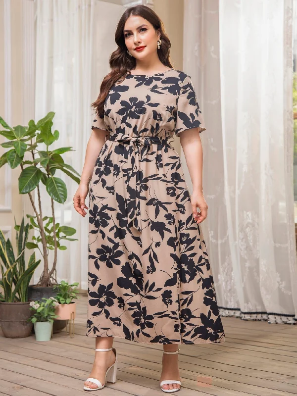 Elegant All Over Print Belted Short Sleeve Round Neck Flared High Waist Long Plus Size Dress Rugged Women's Outdoor Elegant All Over Print Belted Short Sleeve Round Neck Flared High Waist Long Plus Size Dress Rugged Women's Outdoor