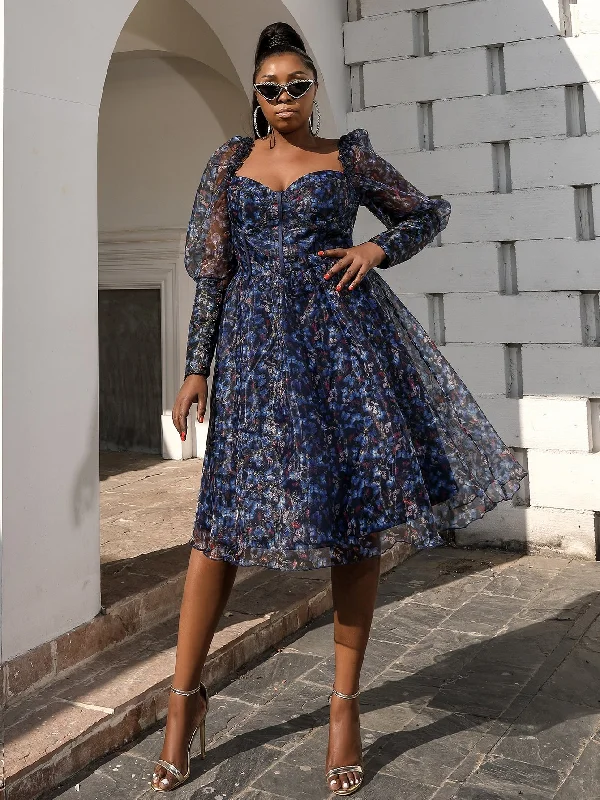 Glamorous All Over Print Zipper Long Sleeve Sweetheart Flared High Waist Midi Plus Size Dress