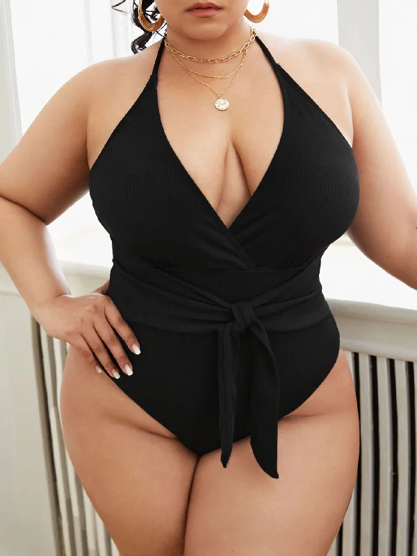 Elegant Plain Tie Front Halter Plus Size One-Pieces