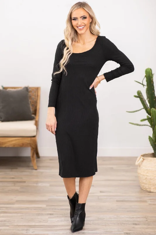 Black Asymmetrical Neckline Midi Dress