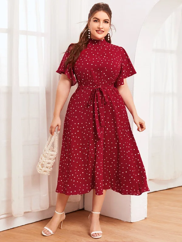 Elegant All Over Print Zipper Short Sleeve Stand Collar Flared High Waist Long Plus Size Dress Contemporary 