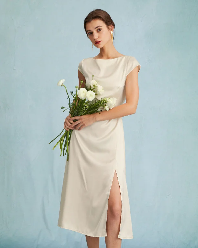 The Apricot Satin Cap Sleeve Sheath Slit Midi Dress Scandinavian