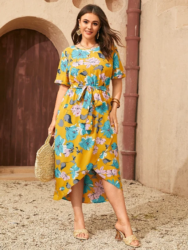 Boho Floral Wrap Short Sleeve V Neck Wrap High Waist Long Plus Size Dress Street