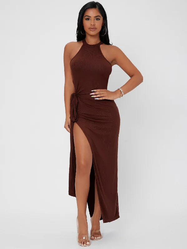 Sexy Plain Split Thigh Sleeveless Halter Slit High Waist Maxi Womens Dress