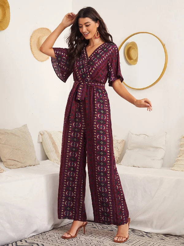 Boho Tribal Wrap Short Sleeve V Neck High Waist Long Women Jumpsuit