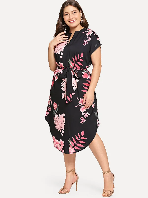 Casual Tropical Short Sleeve Notched Natural Long Plus Size Dress Feminine Women's Style 