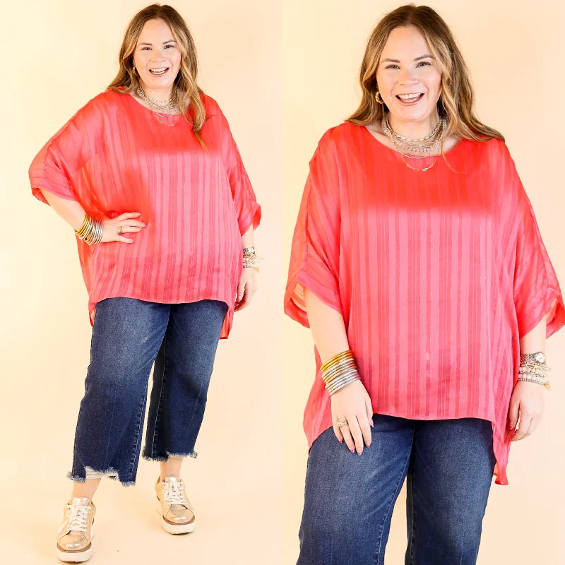 Sunset Horizon Striped Poncho Top with Metallic Detail in Coral Pink