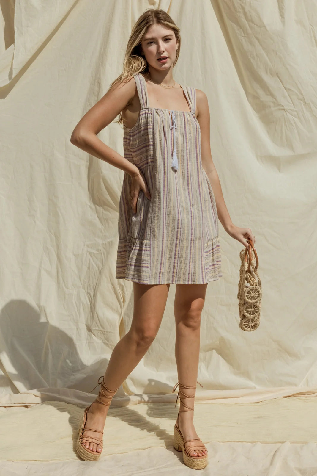 Yarn Dye Stripe Tiered  Mini Dress