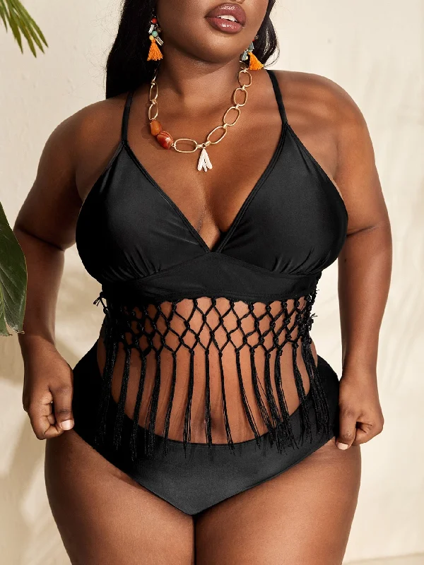 Sexy Plain Fringe V Neck Plus Size Bikini Sets