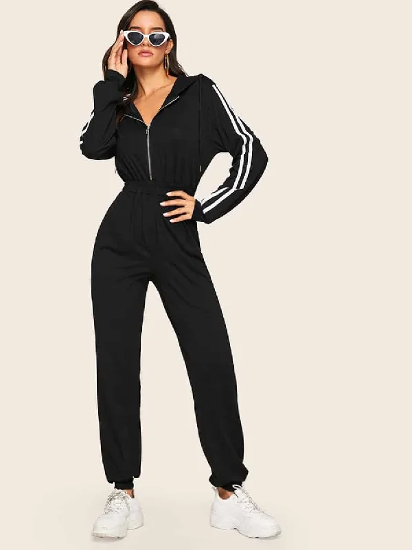 Sporty Striped Side Stripe Long Sleeve Hooded High Waist Long Women Jumpsuit