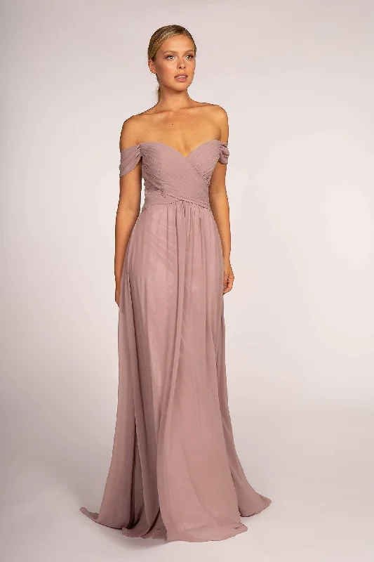 Elizabeth K - GL2550 Pleated Off-Shoulder Chiffon A-line Dress Stylish Women's Tropical 